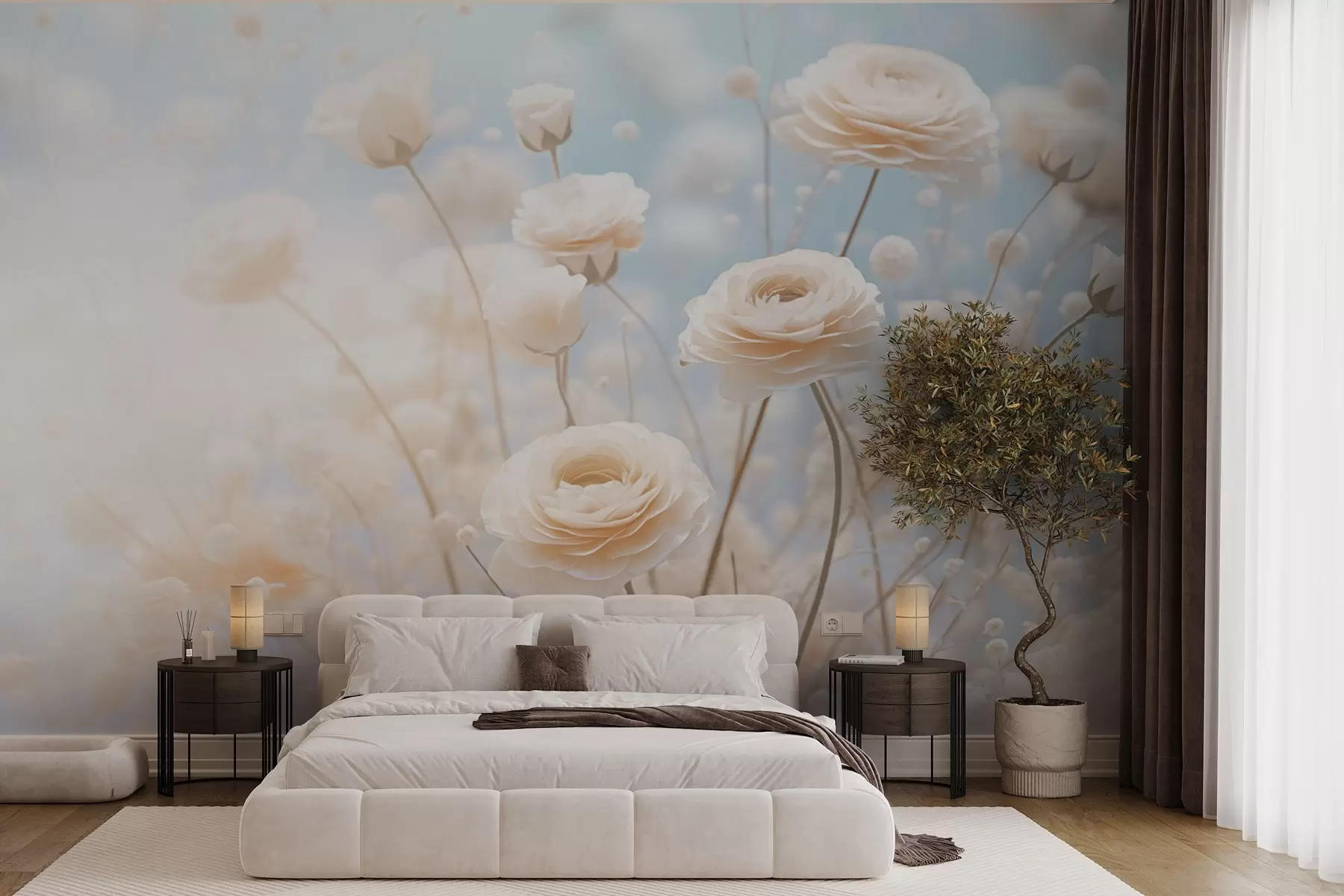 Papier peint photo Roses crème délicates sur fond bleu clair w03997