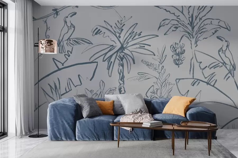 Fotobehang Tropisch patroon in blauw, bananen, palmbomen w04020v1