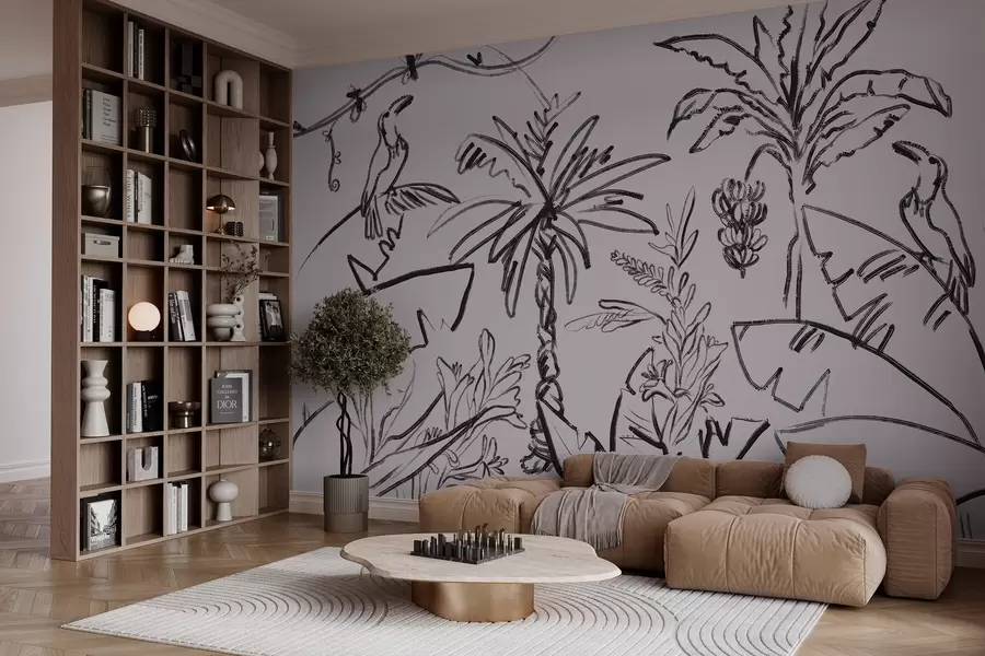 Papier peint photo Motif tropical en noir, palmiers, bananes, graphiques de contour w04020v7