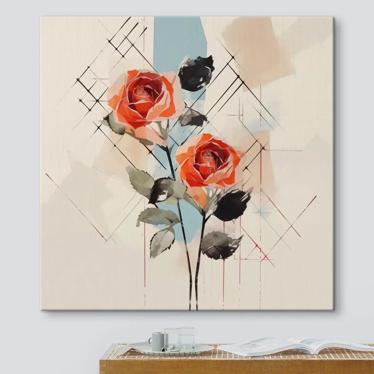  Schilderijen Rozen op een achtergrond van lijnen en vlekken s44421