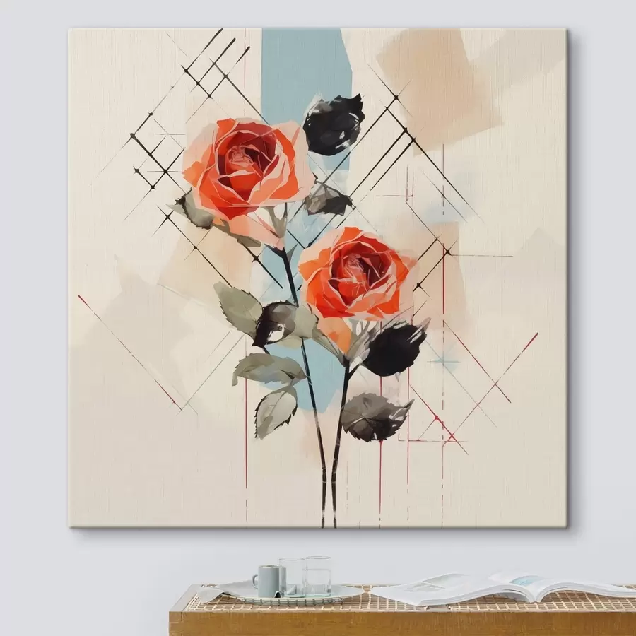  Schilderijen Rozen op een achtergrond van lijnen en vlekken s44421