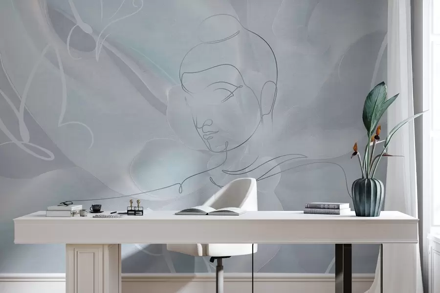 Papier peint photo Abstraction florale avec dessin au trait de Bouddha, couleurs bleues w04004v1