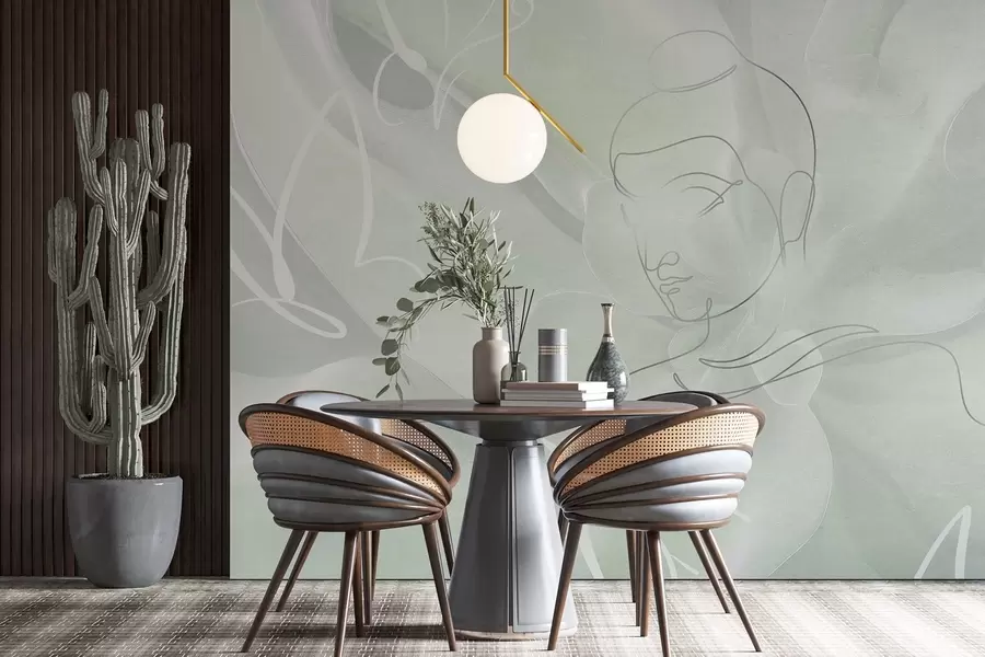 Papier peint photo Abstraction florale avec dessin au trait de Bouddha, couleurs vertes w04004v3