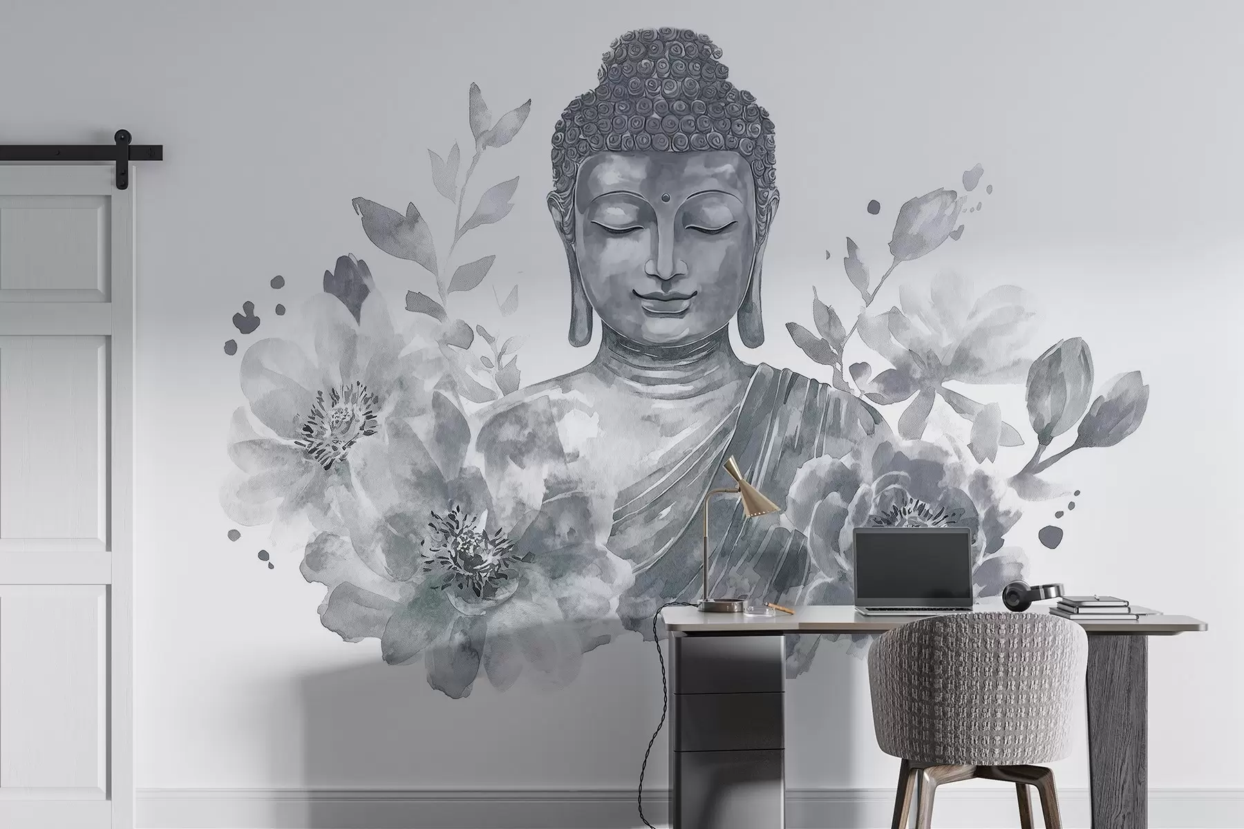 Fotobehang Aquarel Boeddha met bloemen, spiritueel, grijs kleurenpalet w04005v1