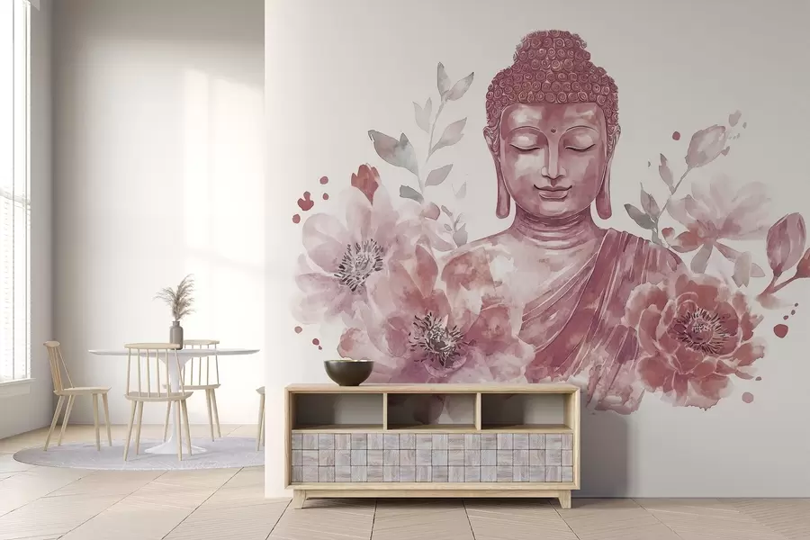 Papier peint photo Bouddha aquarelle avec fleurs, spirituel, palette de couleurs bordeaux w04005v2