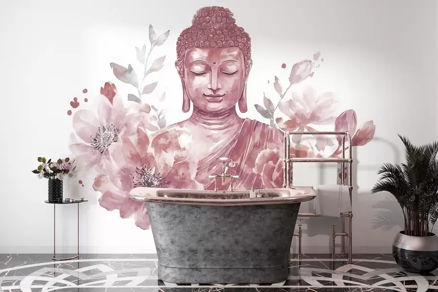 Papier peint photo Bouddha aquarelle avec fleurs, spirituel, palette de couleurs bordeaux w04005v2