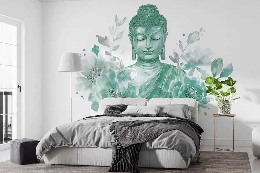 Papier peint photo Bouddha en aquarelle avec des fleurs, spirituel, palette de couleurs vertes w04005v3