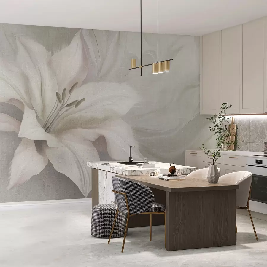 Fotobehang Leliebloem vloeiende abstractie, bloemig, grijze kleuren w04006v2