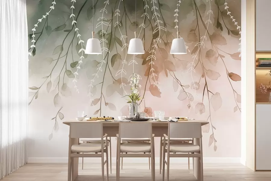 Papier peint photo Branches et feuilles en style aquarelle, couleurs naturelles d'automne w04007v1