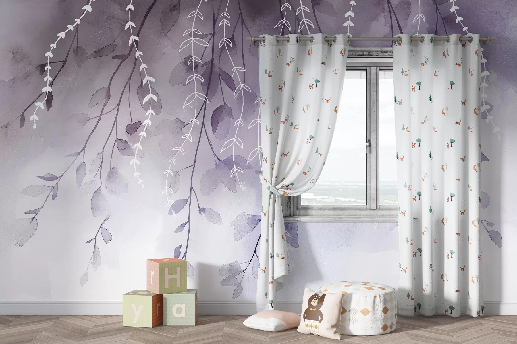 Fotobehang Takken met bladeren in aquarelstijl, natuurlijke paarse kleuren w04007v2