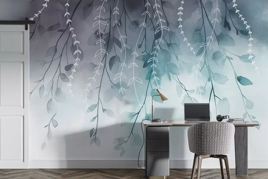Papier peint photo Branches et feuilles en style aquarelle, couleurs naturelles aigue-marine w04007v3