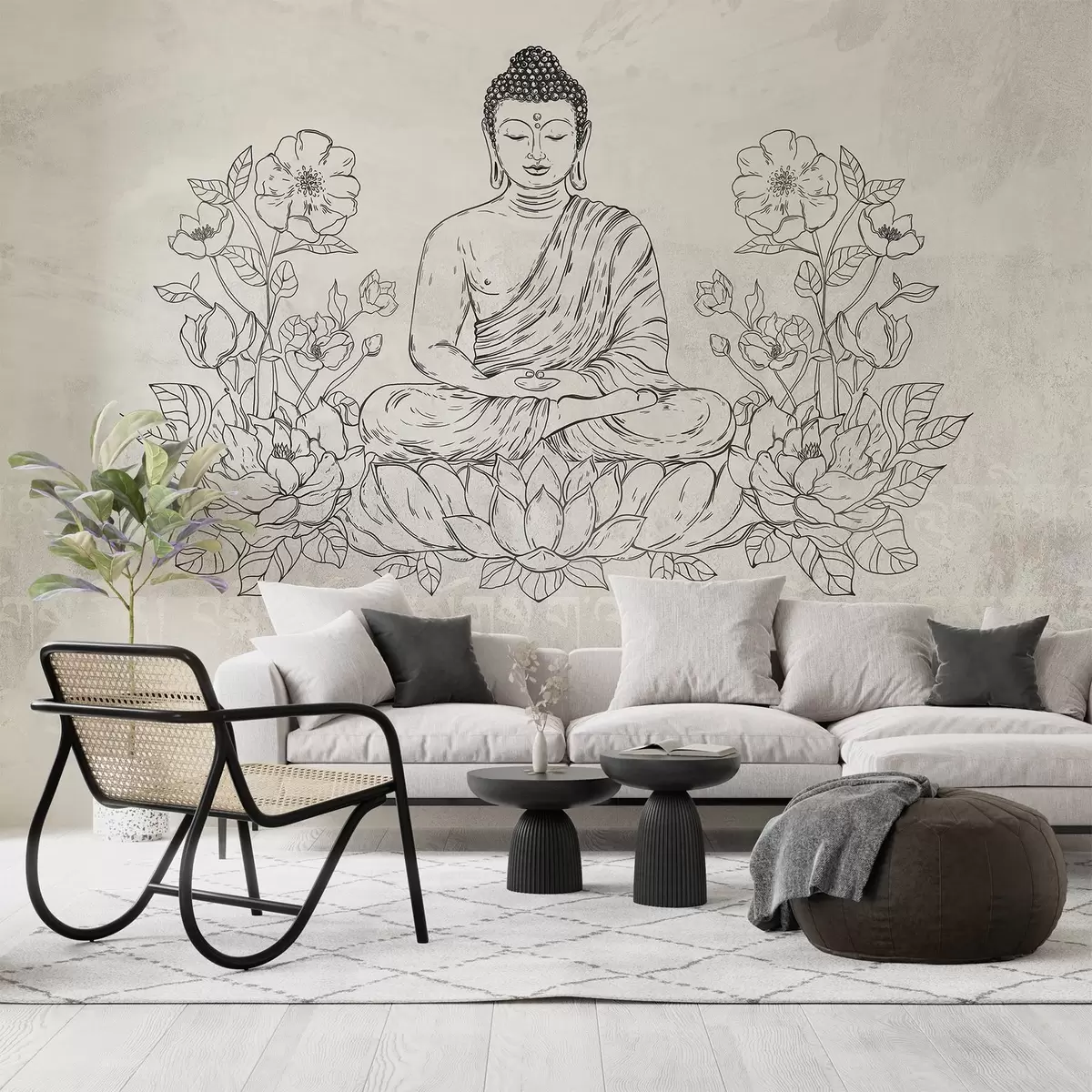Papier peint photo Bouddha en méditation avec des fleurs de lotus, dessin au trait, oriental, fond beige w04008v1