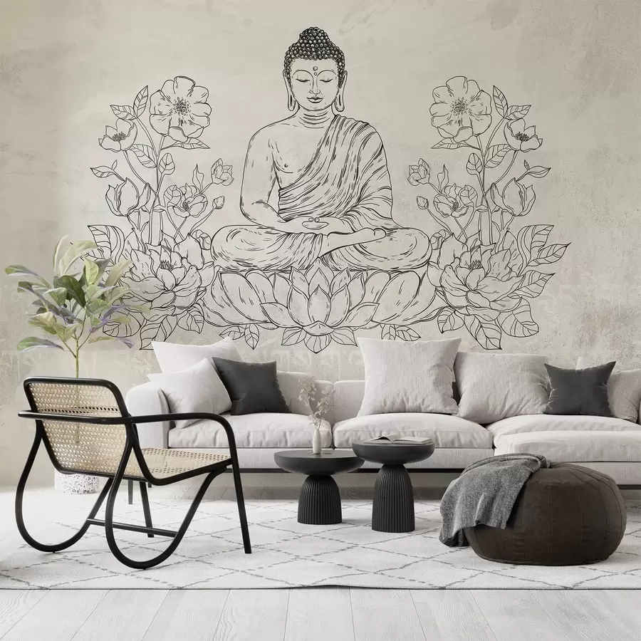 Papier peint photo Bouddha en méditation avec des fleurs de lotus, dessin au trait, oriental, fond beige w04008v1