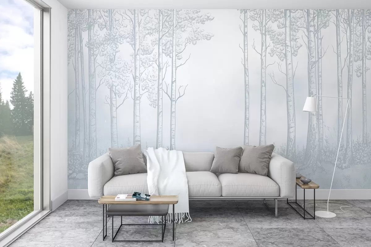 Fotobehang Bos met berken, minimalisme, natuur, blauw kleurenpalet w04009