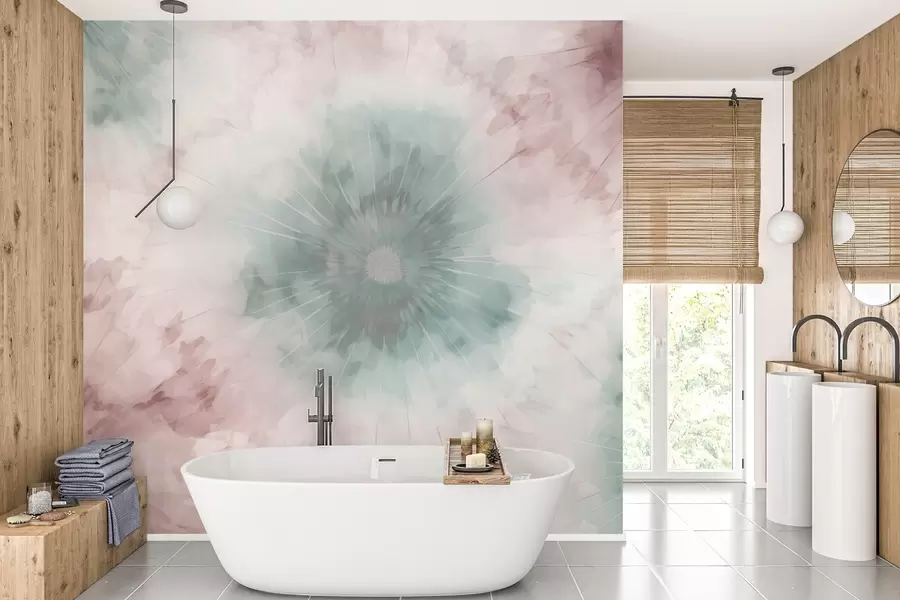 Fotobehang Radiaal aquarelpatroon van nevelig groen en stoffig roze, dat doet denken aan de zachtheid van ochtenddauw en de eerste adem van de dag w04036v2