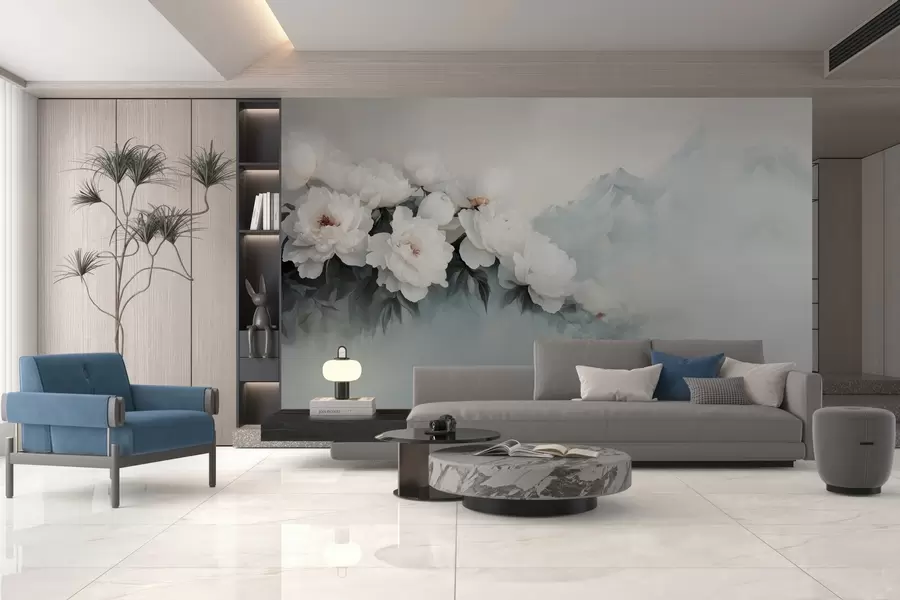 Papier peint photo pittoresques pivoines blanches luxuriantes sur fond de montagnes brumeuses w03965