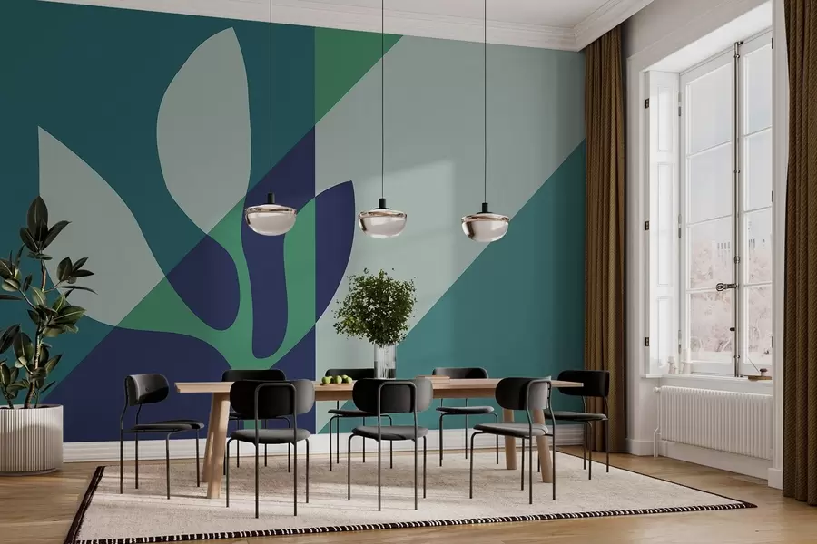 Papier peint photo plante graphique abstraite sur fond de géométrie dans les tons bleus w04028v1