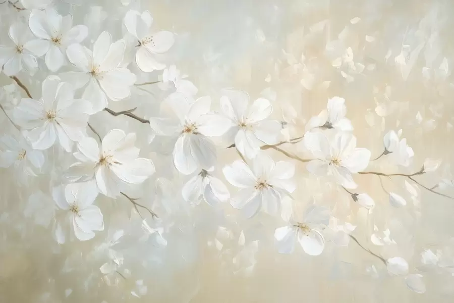 Papier peint photo branche d'abricot délicatement fleurie dans le style d'une peinture à l'huile aux couleurs pastel w04029