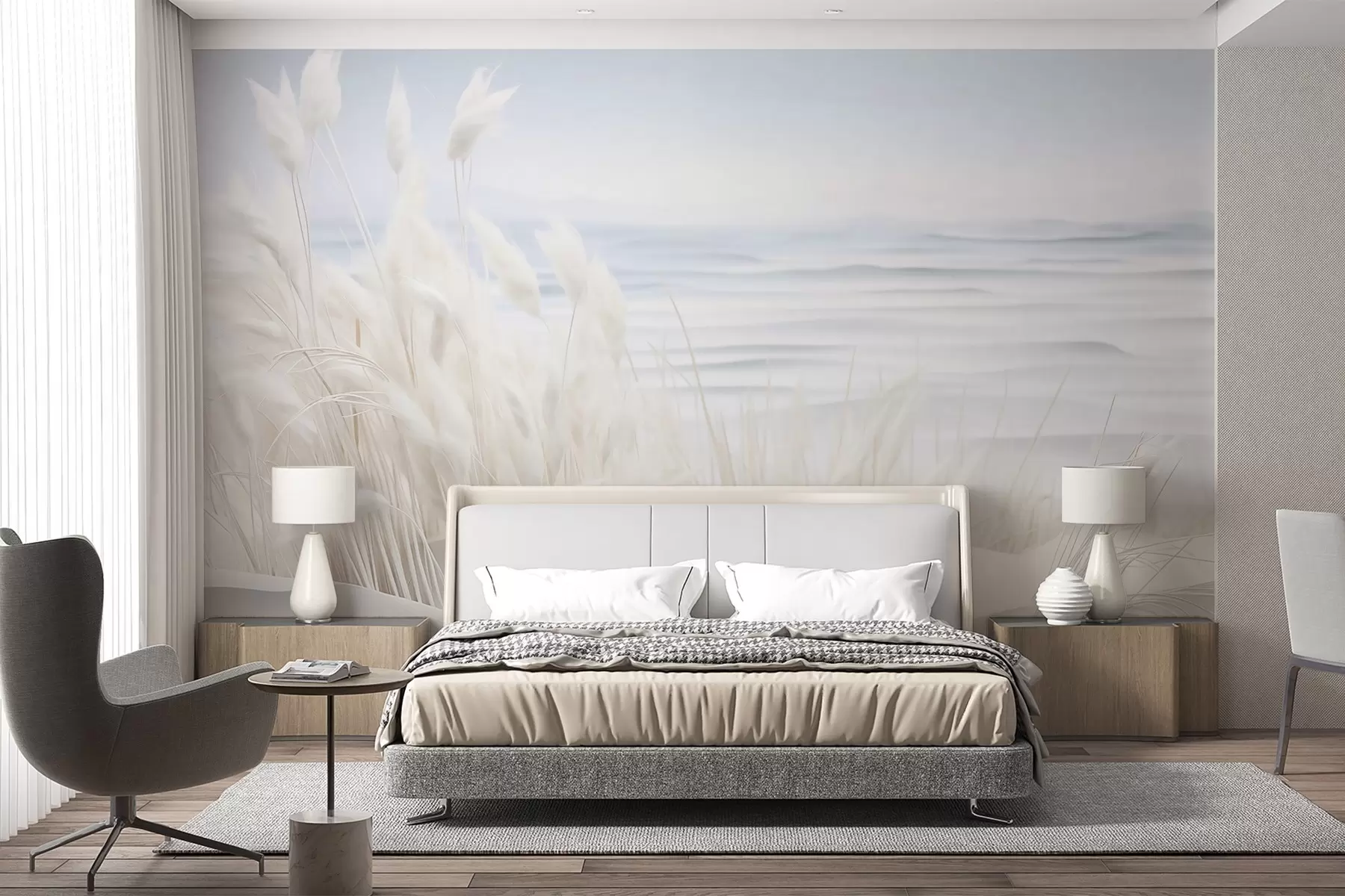 Fotobehang Landschap met wit pampagras op een zandduin, met een lichtblauwe oceaan op de achtergrond, zachte, minimalistische stijl w09132
