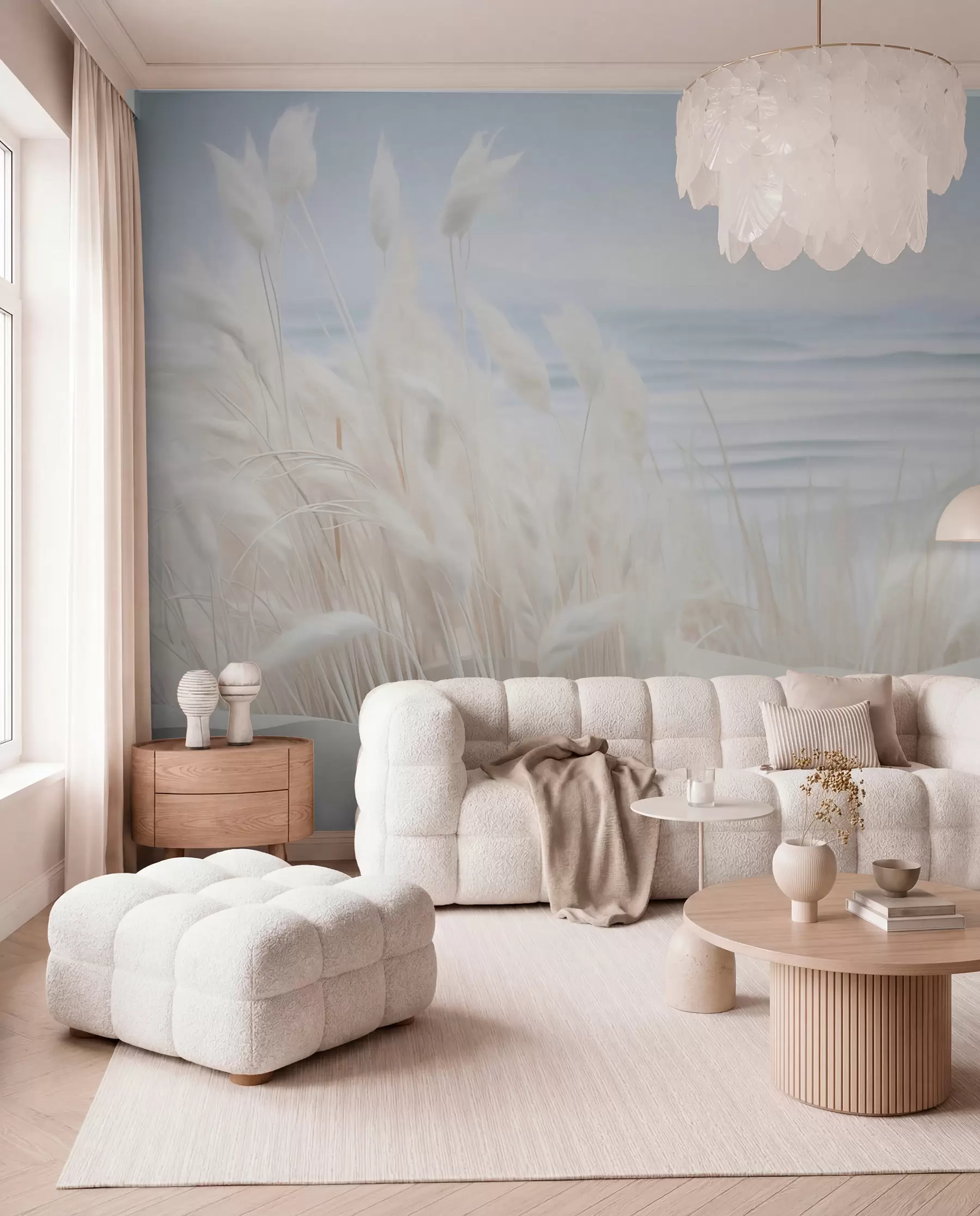 Fotobehang Landschap met wit pampagras op een zandduin, met een lichtblauwe oceaan op de achtergrond, zachte, minimalistische stijl w09132