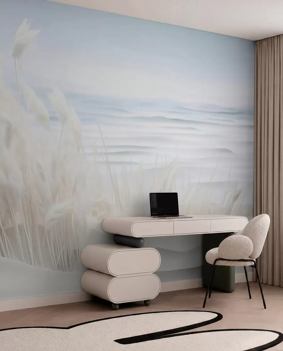 Fotobehang Landschap met wit pampagras op een zandduin, met een lichtblauwe oceaan op de achtergrond, zachte, minimalistische stijl w09132