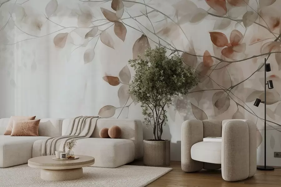 Fotobehang Texturaal aquarelschilderij imitatie van bruine bladeren en takken, zachte kleuren, delicate details tegen een witte achtergrond w09133