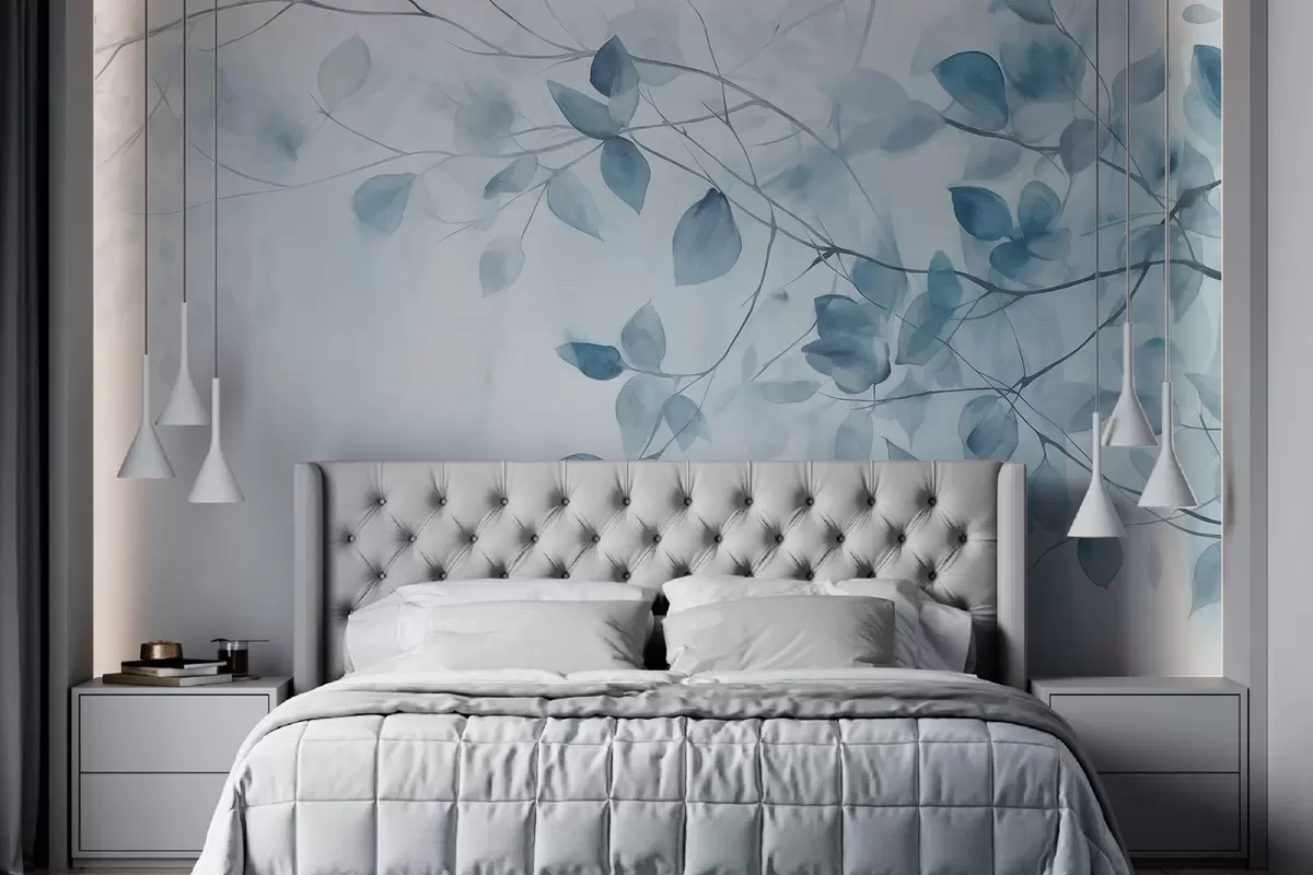 Fotobehang Texturaal aquarelschilderij imitatie van blauwe bladeren en takken, zachte kleuren, delicate details tegen een witte achtergrond w09133v1