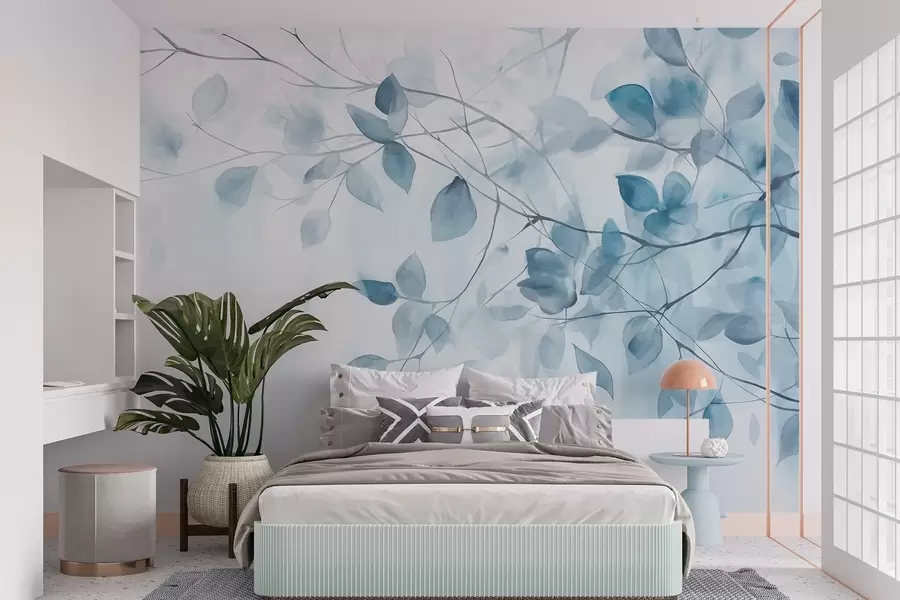 Fotobehang Texturaal aquarelschilderij imitatie van blauwe bladeren en takken, zachte kleuren, delicate details tegen een witte achtergrond w09133v1