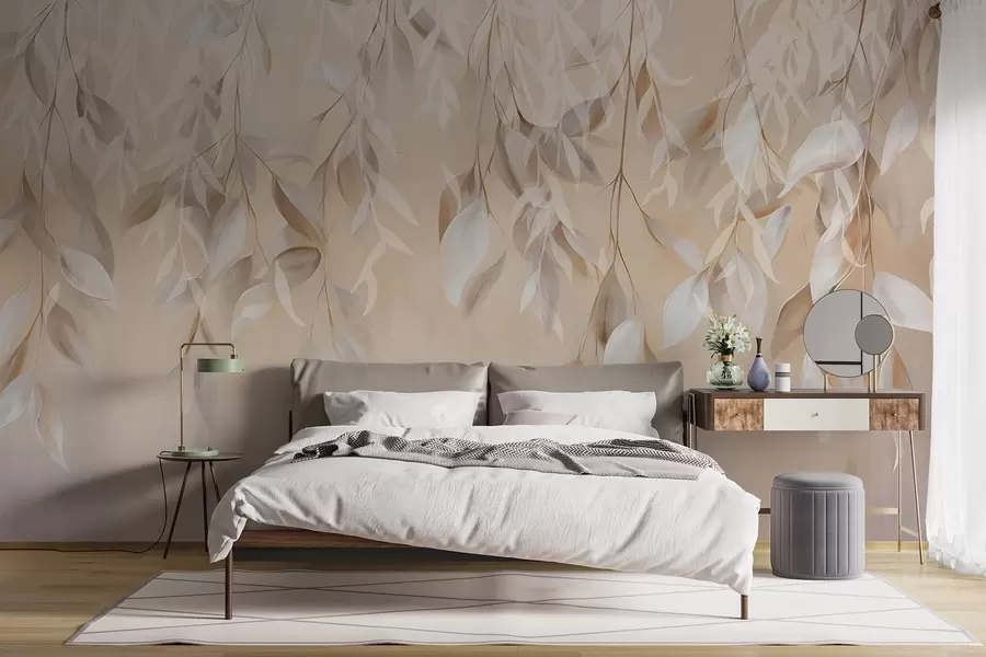 Fotobehang Hangende getextureerde witte en beige bladeren met een zacht kleurenpalet, perzik, grijs en witte delicate achtergrond w09136