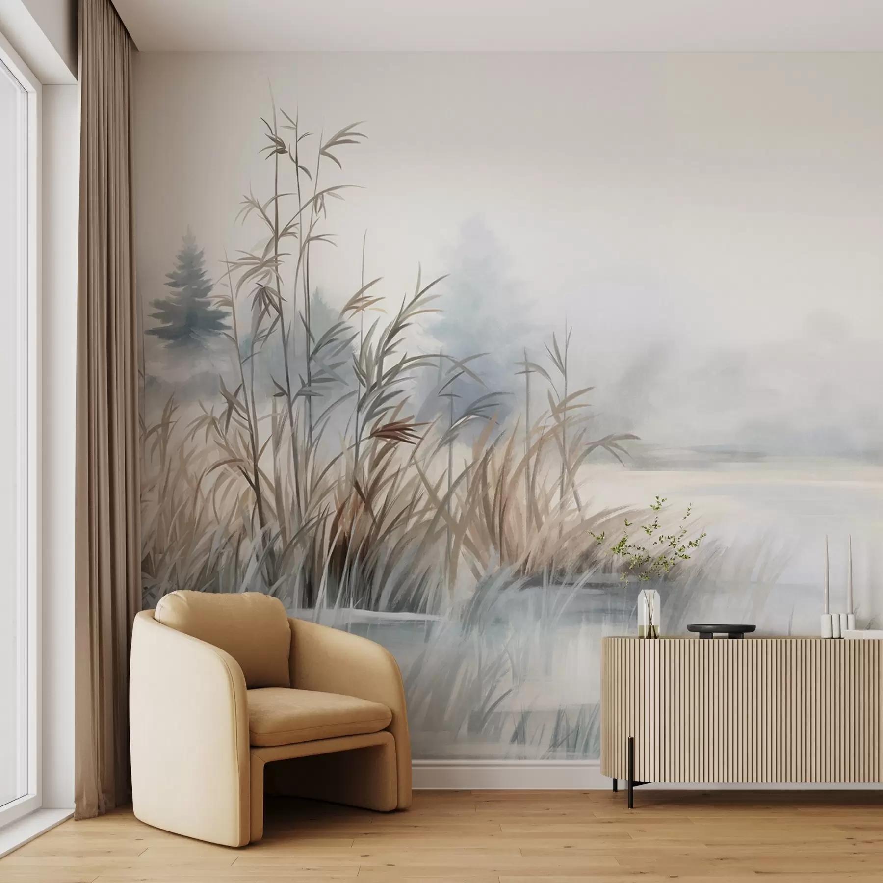 Papier peint photo Paysage texturé d'un lac avec de hautes herbes au premier plan, bleu et brun doux, eau calme, arbres au loin w09137