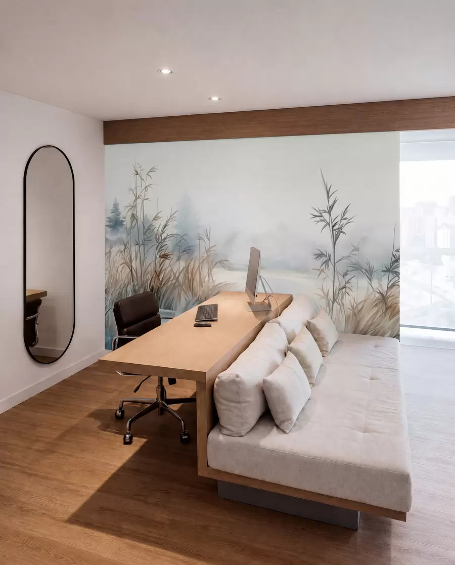 Fotobehang Structuurlandschap van een meer met hoge grassen op de voorgrond, zacht blauw en bruin, rustig water, bomen in de verte w09137