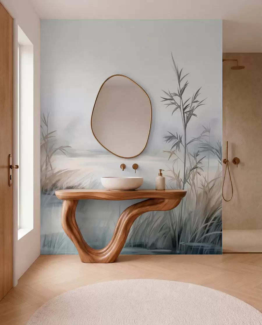 Fotobehang Structuurlandschap van een meer met hoge grassen op de voorgrond, zacht blauw en bruin, rustig water, bomen in de verte w09137