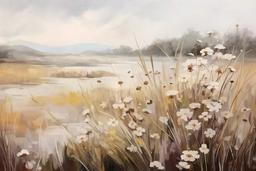 Papier peint photo Champ d'herbes hautes et de marguerites blanches, arbres en arrière-plan, sous un ciel nuageux, paysage texturé, coups de pinceau doux w09139