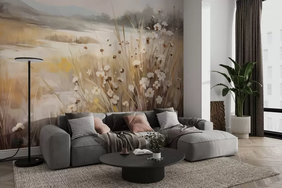 Papier peint photo Champ d'herbes hautes et de marguerites blanches, arbres en arrière-plan, sous un ciel nuageux, paysage texturé, coups de pinceau doux w09139