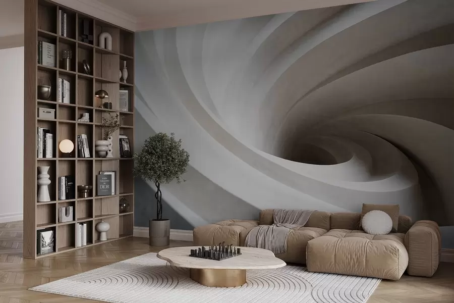 Fotobehang Abstracte textuurwerveling van witte en beige lagen die een draaikolkeffect creëren, dynamische compositie, modern minimalistisch ontwerp w09144