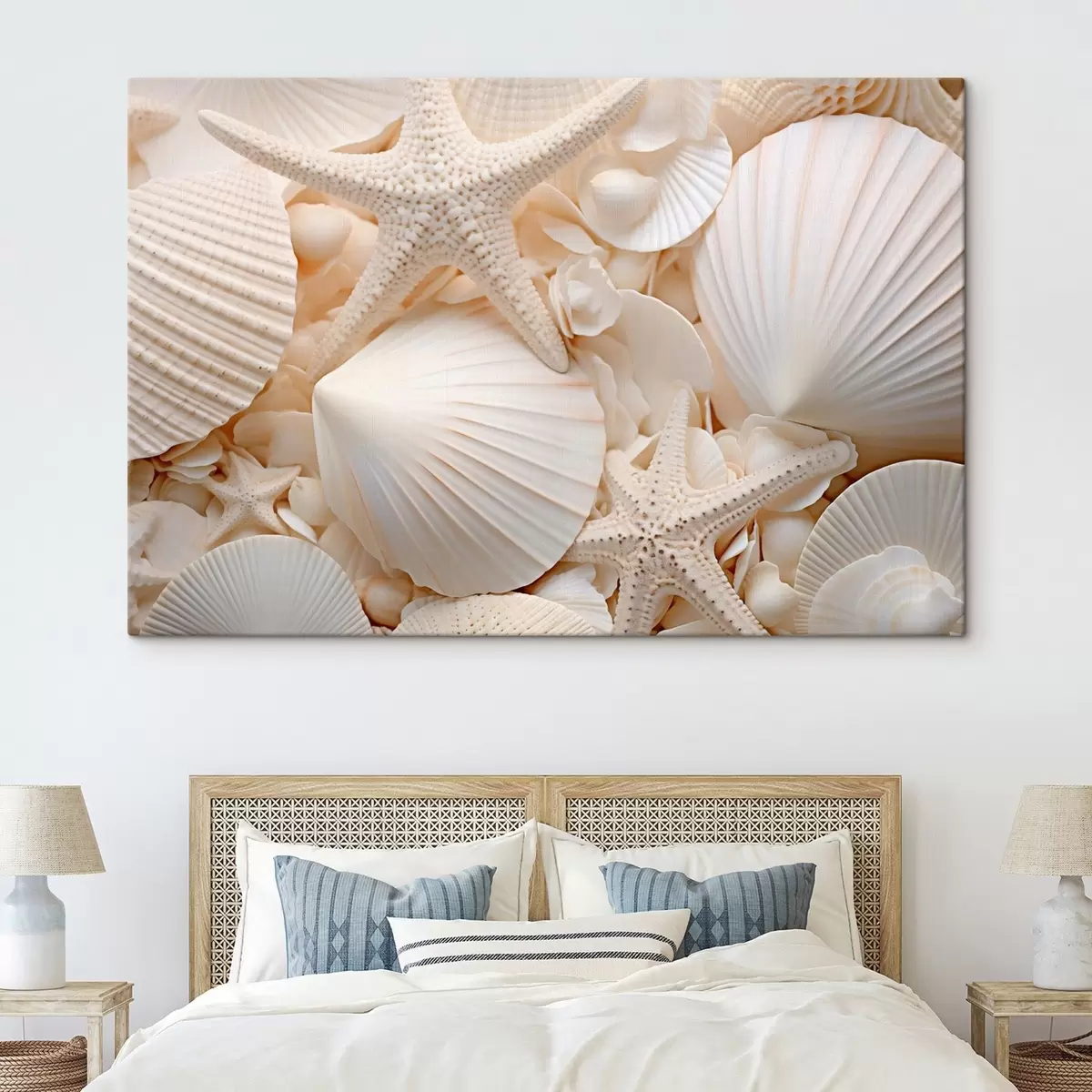  Schilderijen Decoratieve witte schelpen en zeesterren, waardoor een monochrome compositie met textuur ontstaat s44392