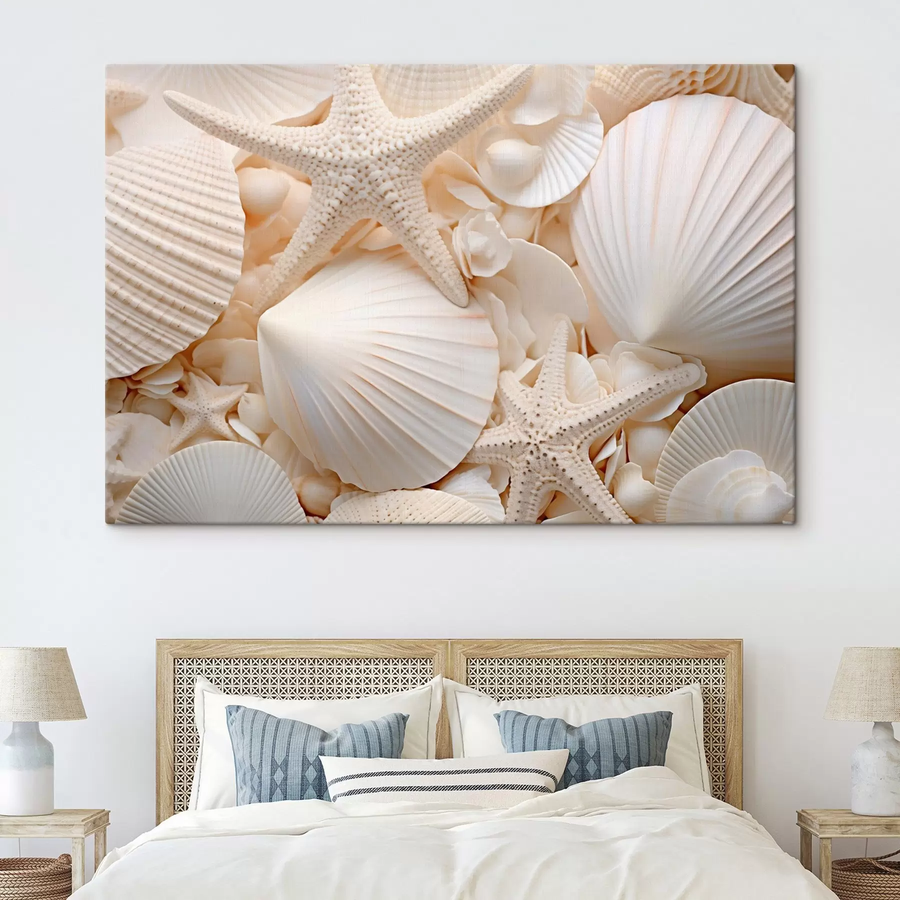  Schilderijen Decoratieve witte schelpen en zeesterren, waardoor een monochrome compositie met textuur ontstaat s44392