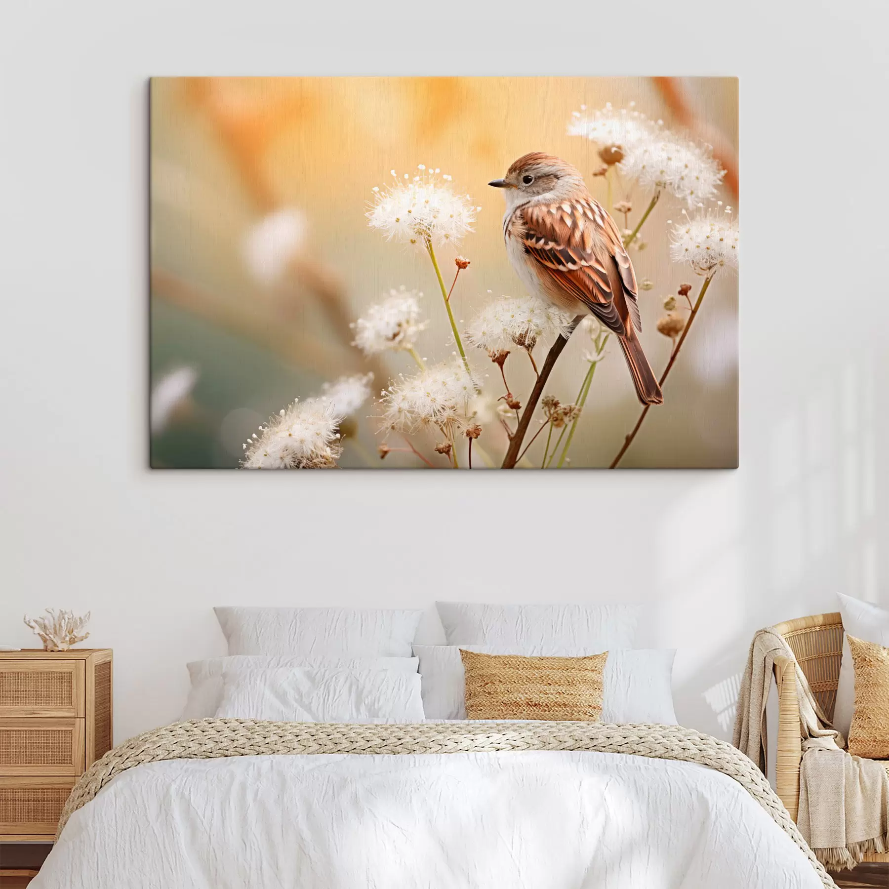 Papier peint photo Un oiseau perché sur une branche avec des fleurs blanches, mise au point douce, fond de nature s44393
