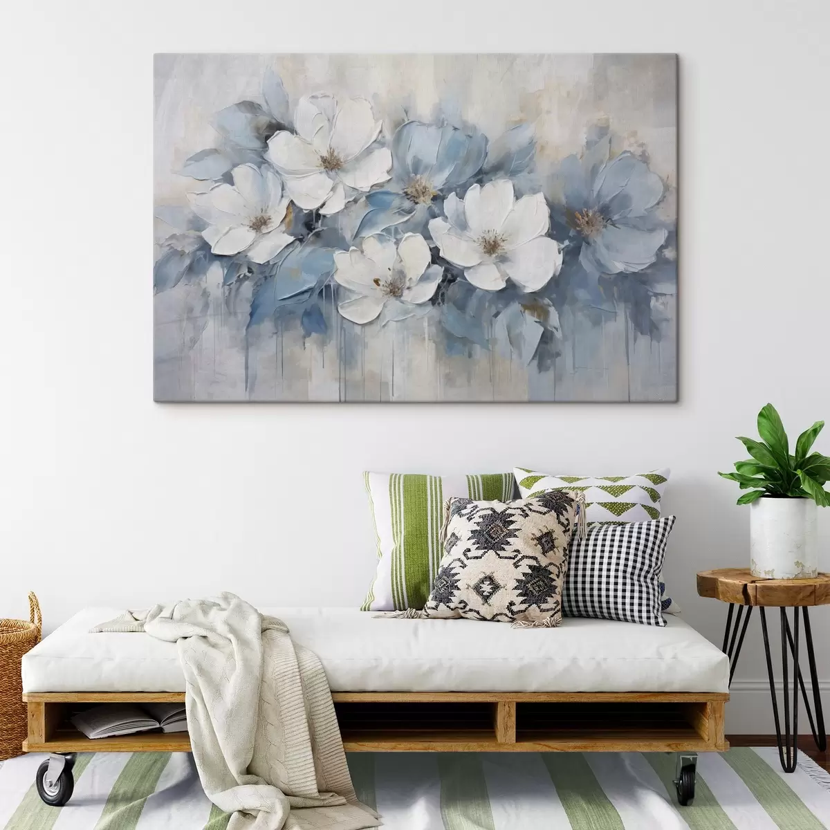  Peintures Fleurs blanches avec des feuilles bleues, sur un fond beige clair, avec des coups de pinceau visibles s44395