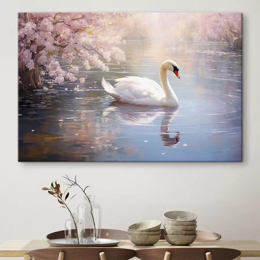 Peintures Un cygne blanc nageant dans un lac avec des cerisiers en fleurs, couleurs pastel s44396