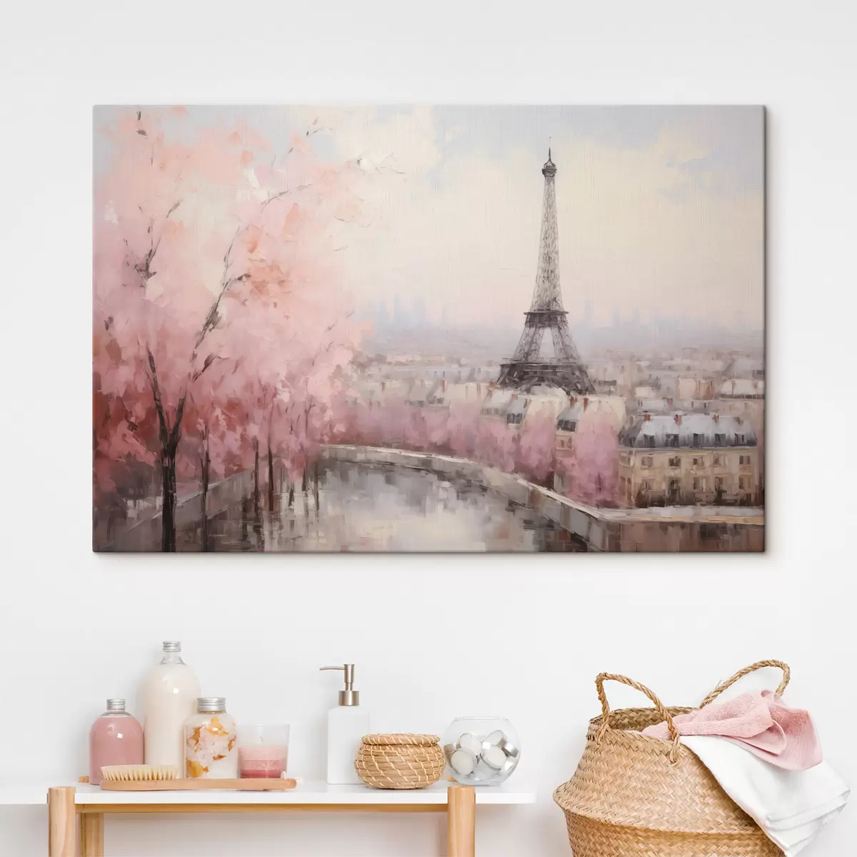  Peintures Tour Eiffel à Paris avec des cerisiers en fleurs au printemps, couleurs douces et pastel s44398