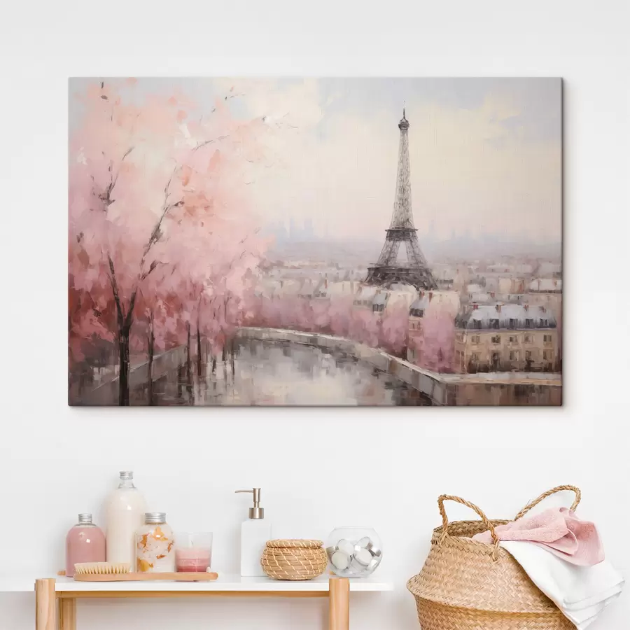  Peintures Tour Eiffel à Paris avec des cerisiers en fleurs au printemps, couleurs douces et pastel s44398