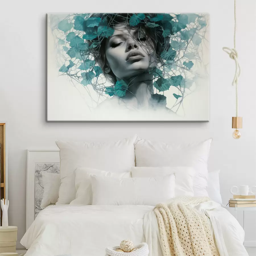  Peintures Portrait d'une femme aux yeux fermés, entourée de feuilles et de branches vertes s44399