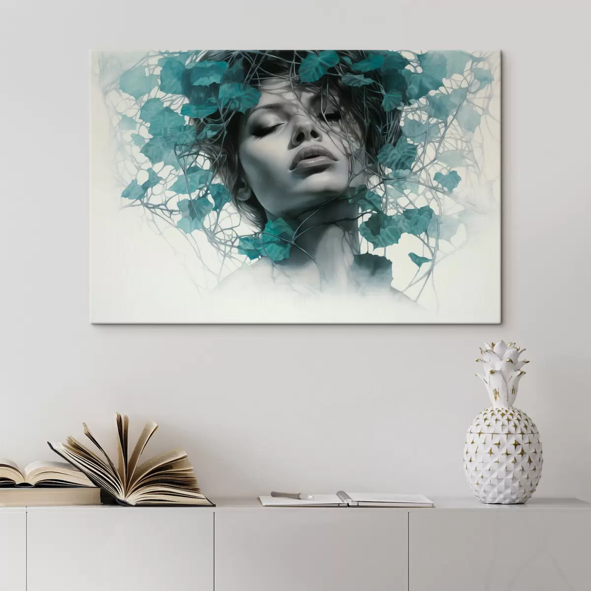  Peintures Portrait d'une femme aux yeux fermés, entourée de feuilles et de branches vertes s44399