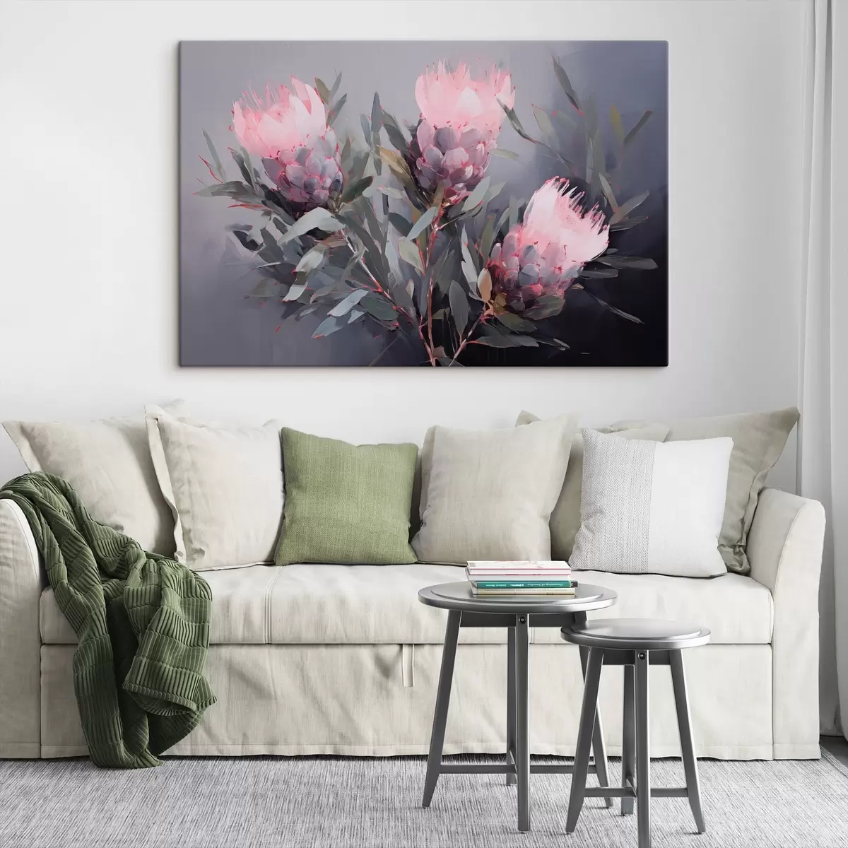  Peintures Fleurs de protea roses avec feuilles vertes, coups de pinceau doux, couleurs sombres, composition élégante s44400