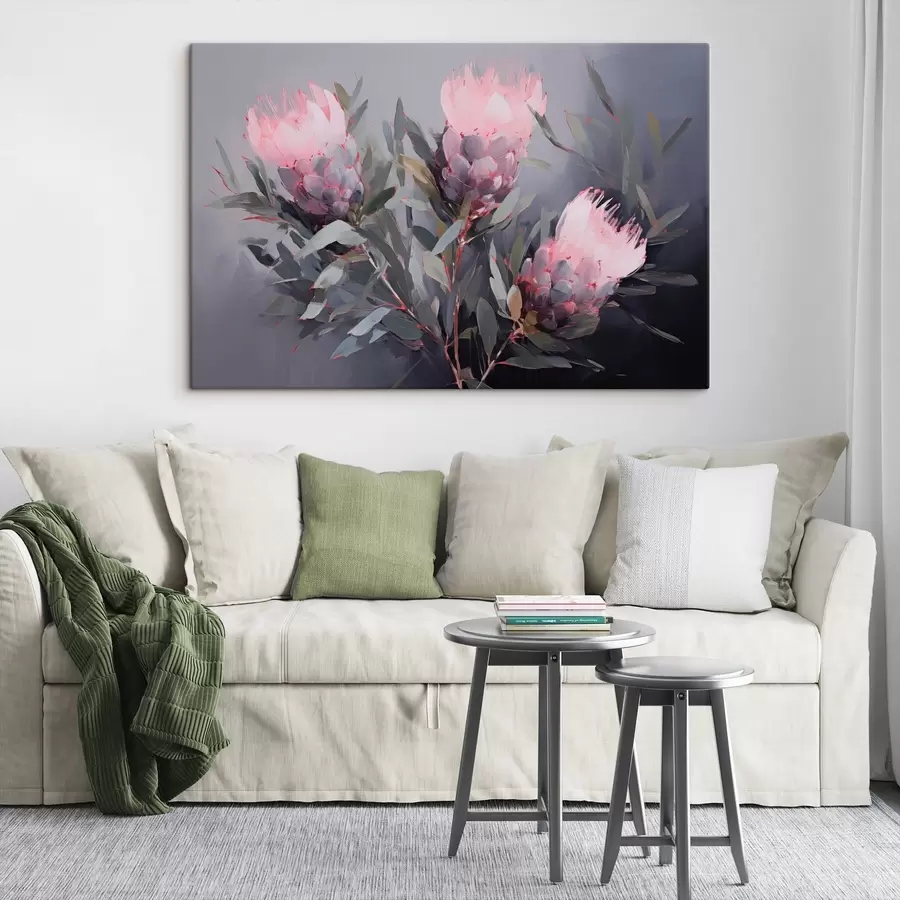 Peintures Fleurs de protea roses avec feuilles vertes, coups de pinceau doux, couleurs sombres, composition élégante s44400