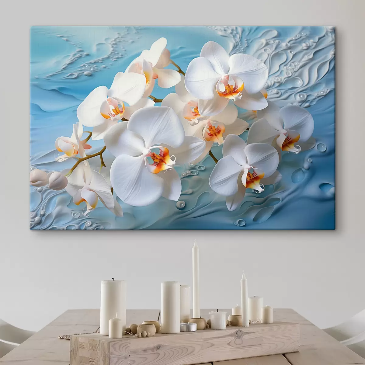  Peintures Orchidées blanches, disposées sur une surface bleu clair avec des gouttelettes d'eau, éclairage doux s44401