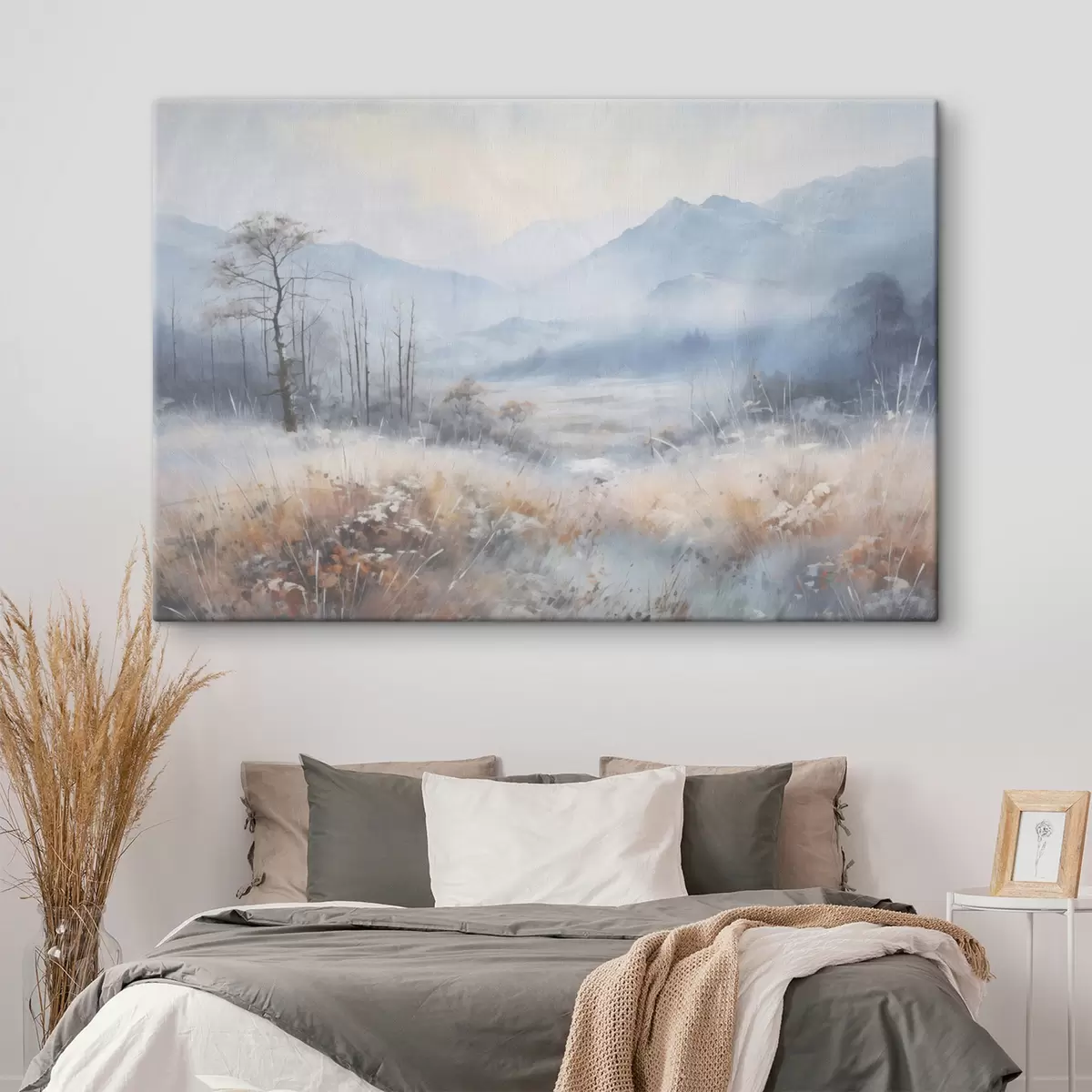  Peintures Paysage texturé avec des montagnes, de l'herbe sèche et une forêt, couleurs sourdes s44402