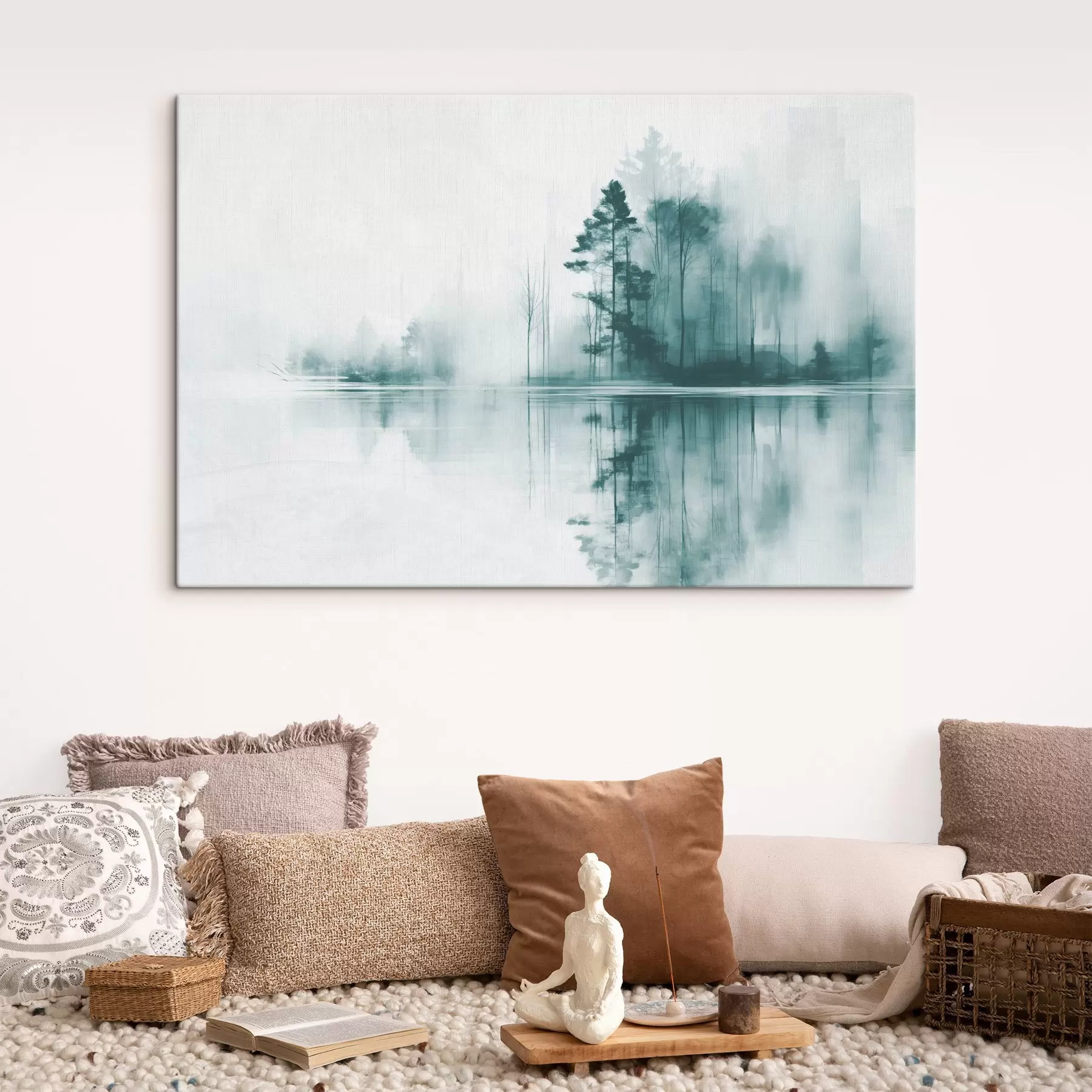  Schilderijen Abstract bos met hoge bomen weerspiegeld in het water, gedempt kleurenpalet s44403