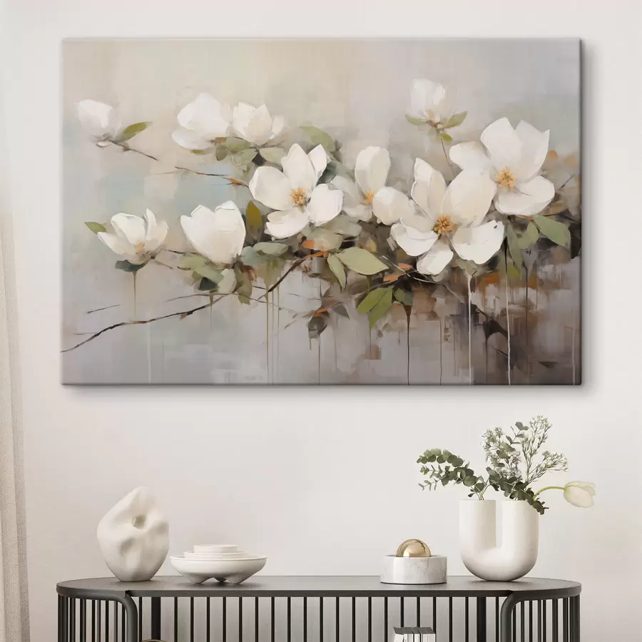  Peintures Fleurs de magnolia blanches avec feuilles vertes sur une branche, coups de pinceau doux, couleurs sourdes s44404